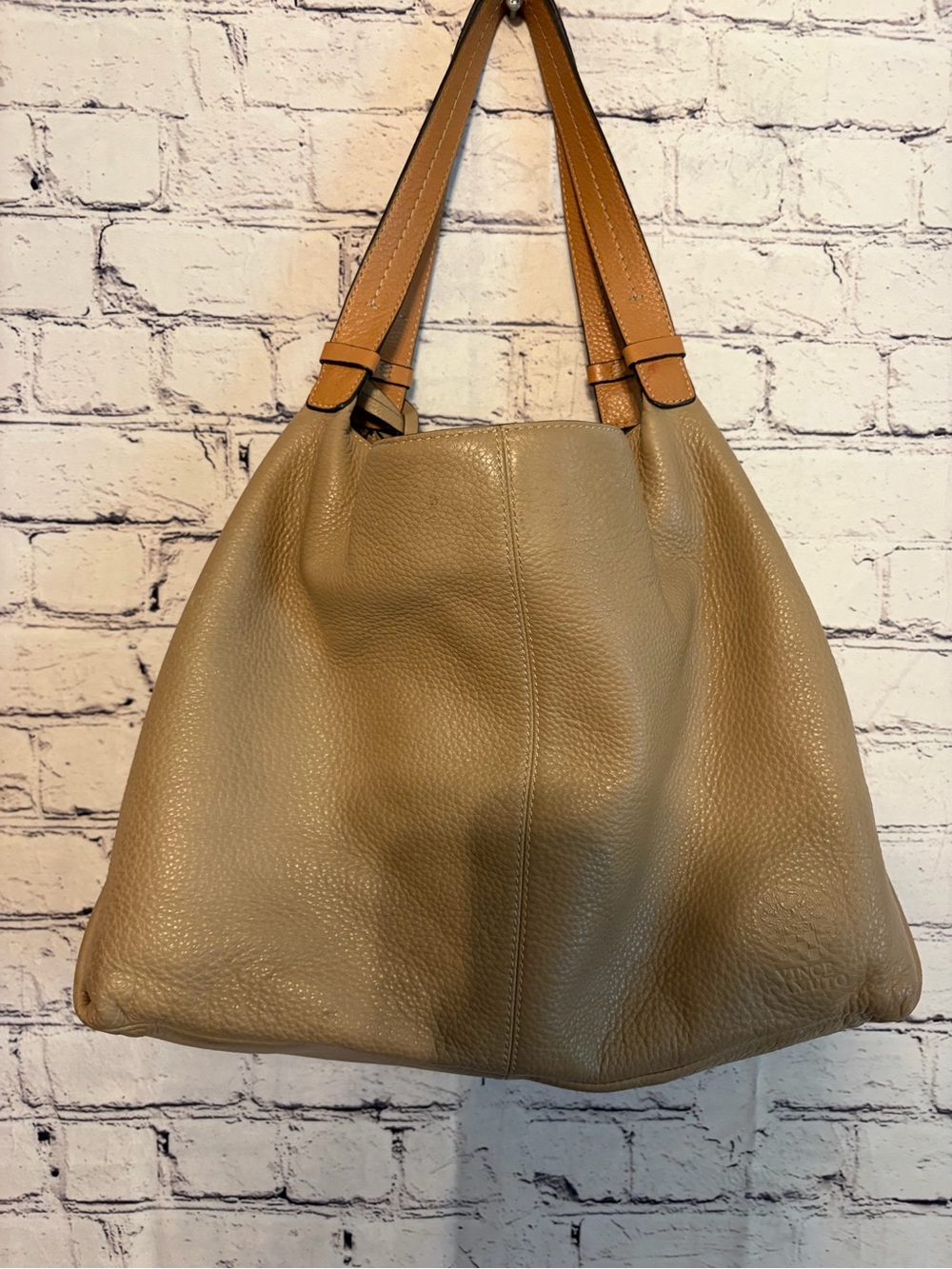 Vince Camuto Women’s Large Taupe Leather Shoulder Bag with Tan Straps
